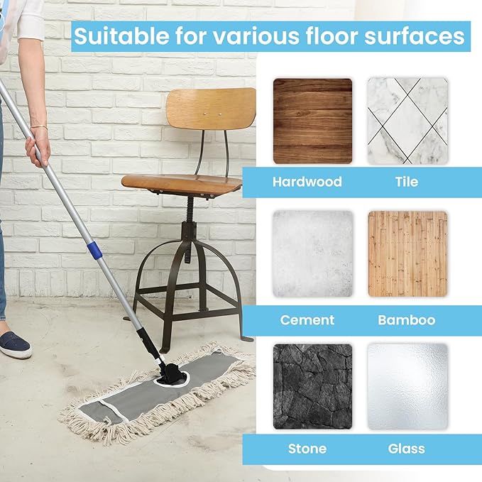 JINCLEAN 24" Industrial Cotton Floor Dust Mop with adjustable Steel Handle - Commercial Mops for Hardwood, Tiles, Laminate, Vinyl, Garage epoxy, Bamboo surface cleaning and Flooring Push Dust Broom