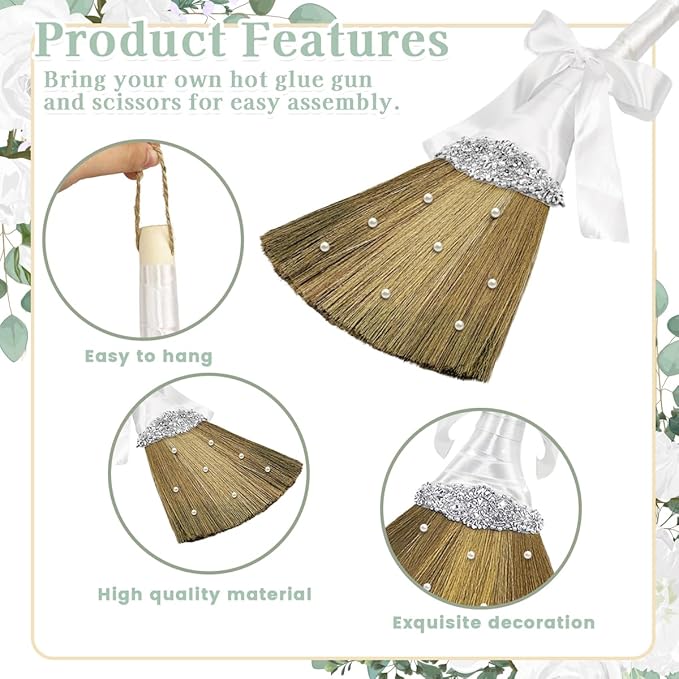 Quaocens Wedding Brooms for Jumping Ceremony,White Whisk Broom Wedding Broom with White Ribbon and Faux Pearls,Whisk Broom Jumping The Brooms for Wedding DIY Wedding Ceremony Crafts