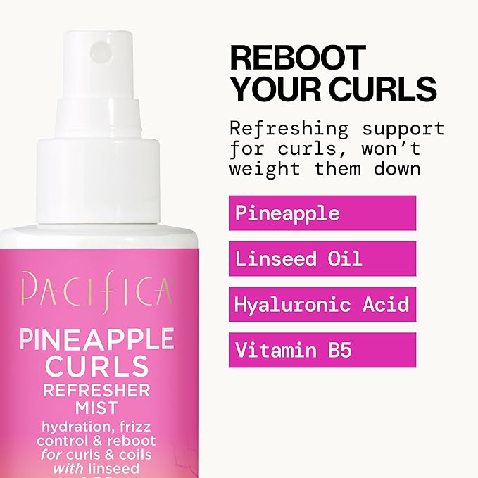 Pacifica Pineapple Curls Refresher Mist - Curl Refresher Spray, with Hyaluronic Acid, Vitamin B5 and Plant Oils, Vegan and Dermatologist Tested Curly Hair Products and Wavy Hair Products - 4 Fl Oz