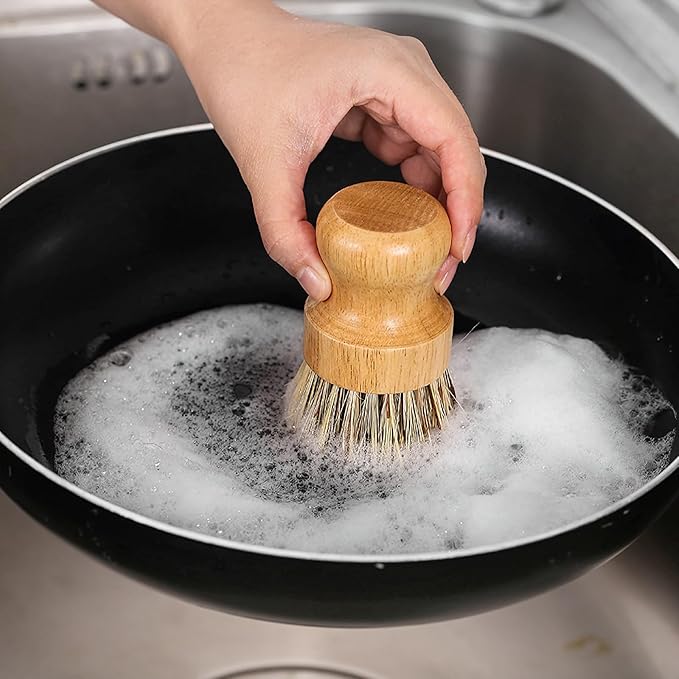 Natural Wooden Dish Brush，Kitchen Bamboo Scrub Brush for Dishes，2 Pack (Style-A, Small)