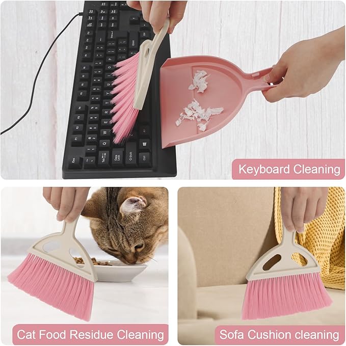 Brosay Mini Dustpan and Brush Set Portable Small Broom with Dust Pan Handheld Hangable Whisk Broom and Dust Pan for Home, Kitchen, Table, Office, Car 1 Pcs (Pink)