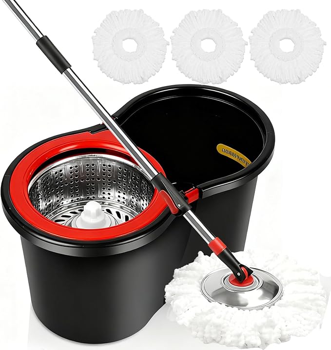 Spin Mop and Bucket with Wringer Set, 360°Rotating Head Mop Bucket System, 3 Replacement Mop Heads for Floor Cleaning (Black & Red) (Three mop Heads)