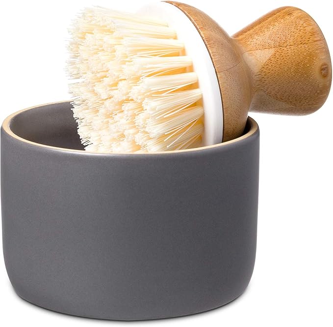 Full Circle Bubble Up Bamboo Dish Brush & Ceramic Soap Dispenser – [Bamboo Coating] Family Safe, Formaldehyde-Free – Kitchen Scrub Brush for Dishes, Nonstick & Cast Iron, Gray