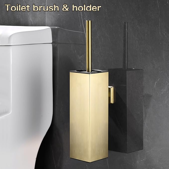 AIREMOEN Toilet Brush Set - Brushed Gold, Wall-Mounted Holder, Cleaning Brush Head, and Splash Guard