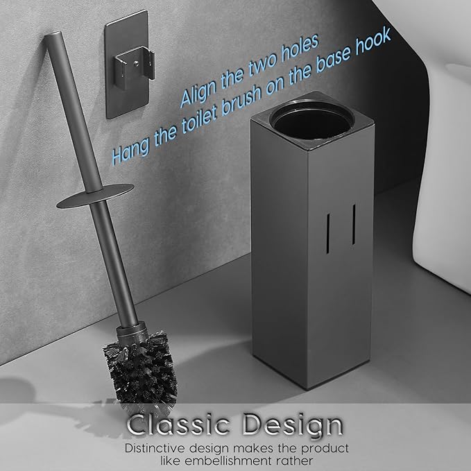 Brushed Gold Stainless Steel Toilet Brush, Square No-Punch Hook Base Toilet Brush Holder Removable Inner Bucket and Splash Proof Cover - Soft Bristles (Non-Drill Square Plastic caps Gray)