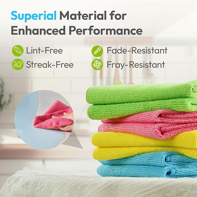 Microfiber Cleaning Cloths 12”x12” 12Pack Lint Free Kitchen Cloths - Extra Thick, Streak-Free, Lint-Free, Fast Absorbent - Reusable Multi-Purpose Housekeeping Rags for Cars, Dishes, Floors, Tiles