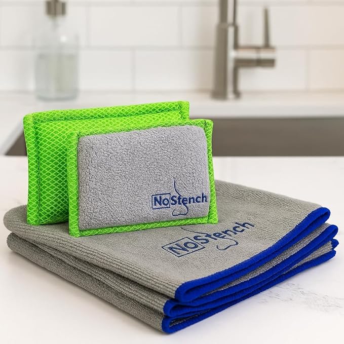 Kitchen Sponge | Odor Resistant, Non-Scratch Microfiber Mesh and Terry Cloth Sponge, No Odor, Long Lasting Odor Protection | Durable Odor Free Lifestyle Product | Treated Combo Pack