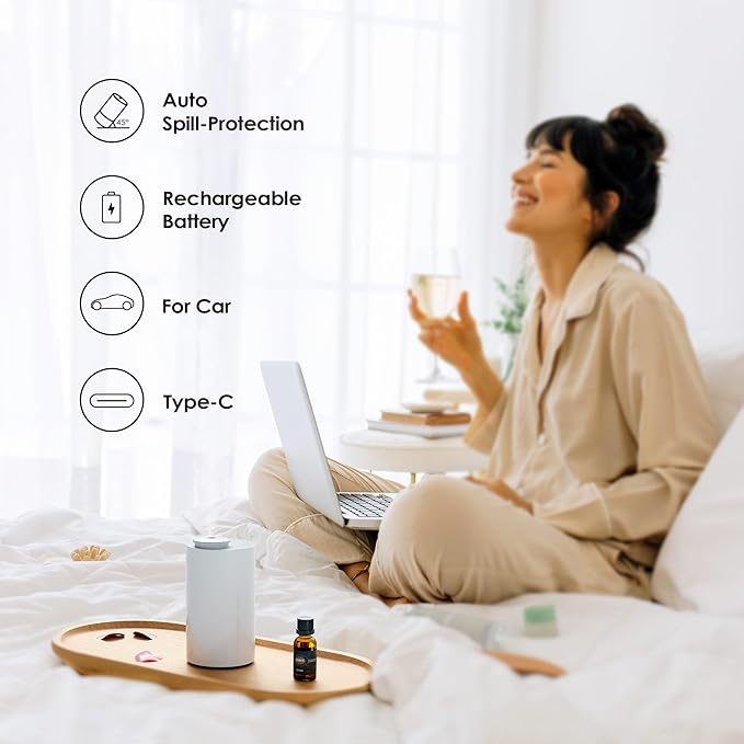 Waterless Diffuser for Essential Oil, Battery Operated Nebulizer, 0.7 Fl.Oz./ 20mL Capacity, Mini Scent Air Machine, 3 Countdown Timers & 3 Mist Levels for Home, Room, Car, Office - AN6 Cold Gray