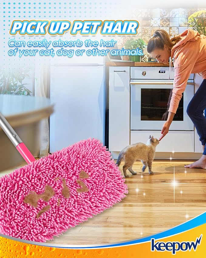 Keepow 8 Pack Reusable Mop Pads Compatible with Swiffer Sweeper, Chenille Mop Refill Pads, Dry & Wet Mopping Cloths for Floor Cleaning -Pink