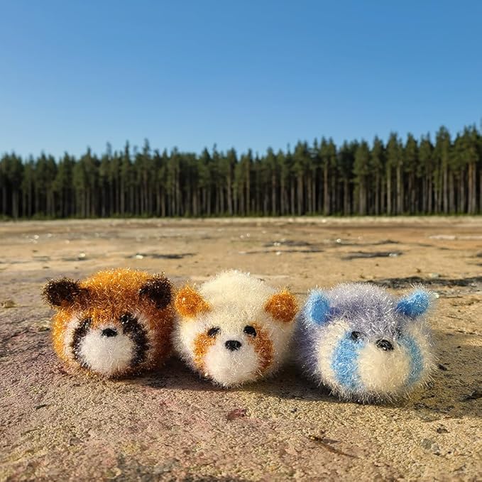 Kuwish Uijeongbu Raccoon Handmade Crocheted Non-Scratch Cute Scrubber 3pcs for Cleaning Dishes & pots All-Purpose Lovely Animal Perfect Replacement for Smelly Kitchen Sponge House Warming Favors Gift
