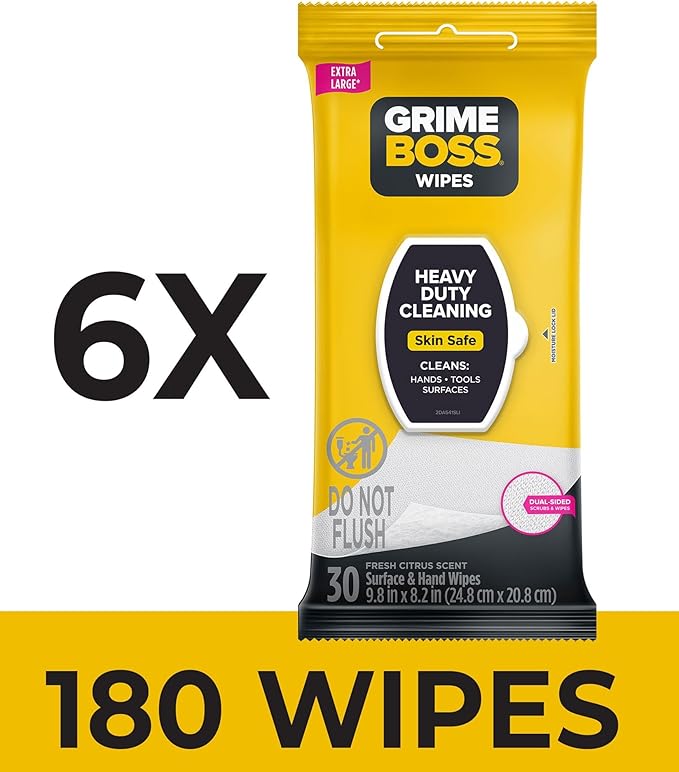 Grime Boss Heavy Duty Wipes (6 x 30ct) | Wet Wipes Used for Hands, Equipment, Tools, Garden, Automotive| Easily Removes Oil, Grease, & Dirt (Pack of 2)