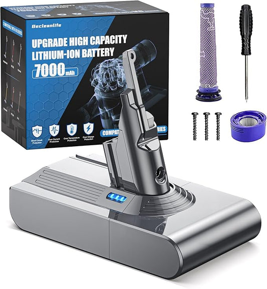 Becleanlife 7000mAh V8 Battery Replacement Compatible with Dyson V8 Animal/V8 Absolute/V8 Fluffy/V8 Motorhead/SV10 Carbon Fiber Vacuum Cleaner Battery with 2 Filters and 3 Screws Included