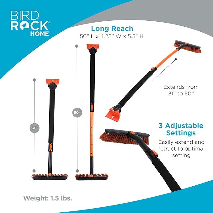 BIRDROCK HOME Snow Moover Extendable 50" Car Brush and Ice Scraper with Foam Grip | Auto Snow Removal | Car Truck SUV Windshield | Heavy Duty