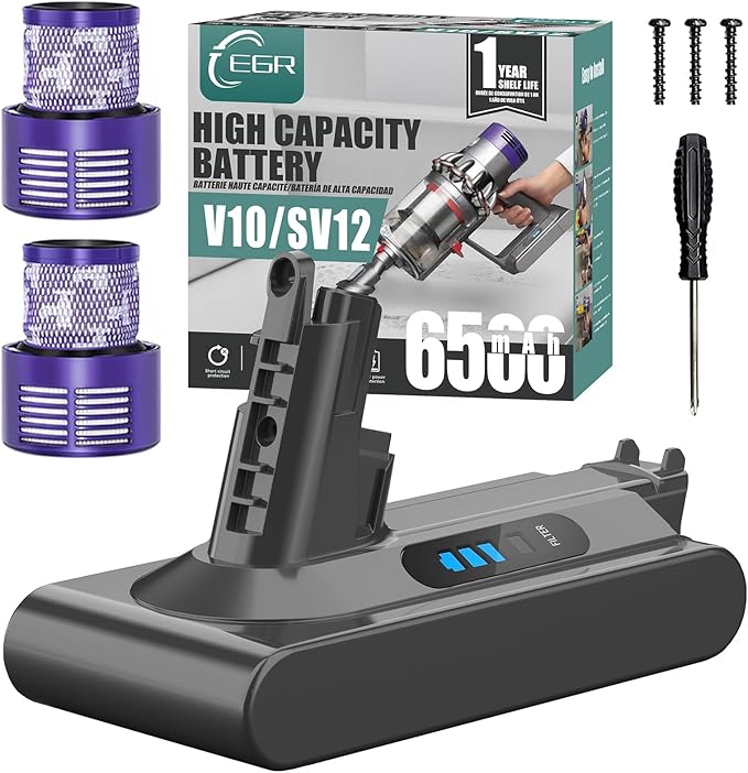 EGR Battery Replacement Compatible with Dyson V10 Animal/Absolute/Fluffy/Motorhead SV12 Cordless Stick Vacuum Cleaner with 2 Filters (Not Fit V8 and SV10)