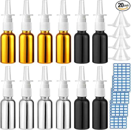20 Pcs Nasal Spray Bottle, 30ML/1OZ 12 Pcs Bright Plating Gold Silvery Black Empty Refillable Glass Nose Spray Bottle with 4 Pcs Funnels and 4 Pcs Labels