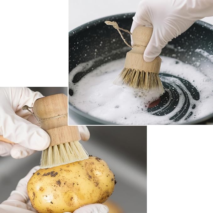KUILONGT Pot Brush 3 Pack with Sisal and Coconut Coir, Wood Handle Scrub Brushes for Cast Iron Non-Stick Pans and Cookware