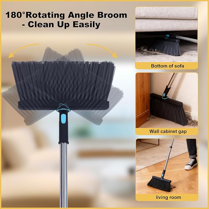 Heavy Duty Broom and Standing Dustpan Combo Set, Rotatable Head Dust Pan and Brush Set with Collapsible Handle, Cleaning Teeth, Hanging Loop, Ideal for Pets, RV, Kitchen, Camping, Outdoor Floor, Black