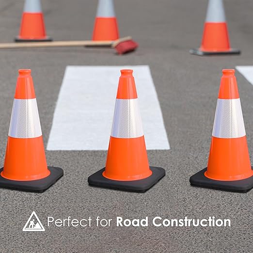 Fluorescent Orange/Green PVC Traffic Cones, Heavy Black Base Parking Lot Cone Structurally Stable Weatherproof Road Construction Safety Cones (4, Orange, 18" Medium)