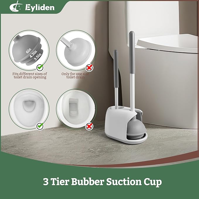 Eyliden 2 Pack Toilet Plunger & Brush Set, Upgrade 3-Step Suction Cup - Ultra-Tight Seal, Durable, Space-Saving Toilet Deep Cleaning Combo with Holder, Bathroom Essentials (2 Pack, White & Grey)