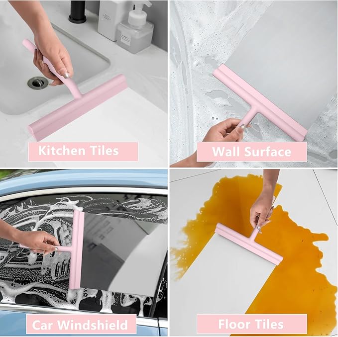 DEOFUXT Silicone Shower Squeegee for Glass Doors Window Squeegee for Walls, Sink, Mirror, Bathroom, Car Window Cleaning - Pink