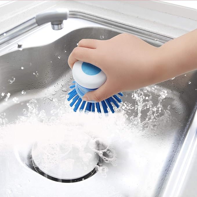 Dish Brush with Soap Dispenser for Dishes Pot Pan Kitchen Sink Scrubbing, Blue 3 Pack