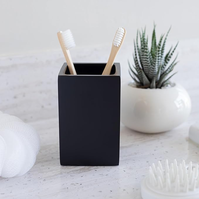 Yew Design Matte Black Toothbrush and Toothpaste Holder for Bathroom Vanity and Countertop, Square Organizer for Electric Toothbrushes, Floss, Razors, Cotton, and Mouthwash