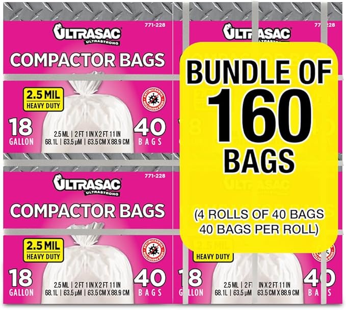 Ultrasac Compactor Bags - (160 Pack with Ties) 18 Gallon for 15 inch Compactors - 25" x 35" Heavy Duty 2.5 MIL Garbage Disposal Bags Compatible with Kitchenaid Kenmore Whirlpool GE Gladiator