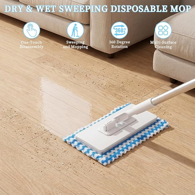 Snap Grip Mini Mop,Gap Cleaner with No-Touch Pad Change, Extendable Retractable Flat Mop for Under Couch/Bed, 360° Swivel Head Hard to Reach Corner Duster, Includes 5 Washable Microfiber Pads
