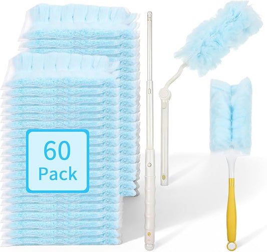 AOZUO 60 Count 360° Duster Refills, Disposable Heavy Duty Duster Refills Kit with 2 Handles, Microfiber Duster Feather Duster Electrostatic Lock-Dust System for Cleaning Furniture, Blinds, Electronics
