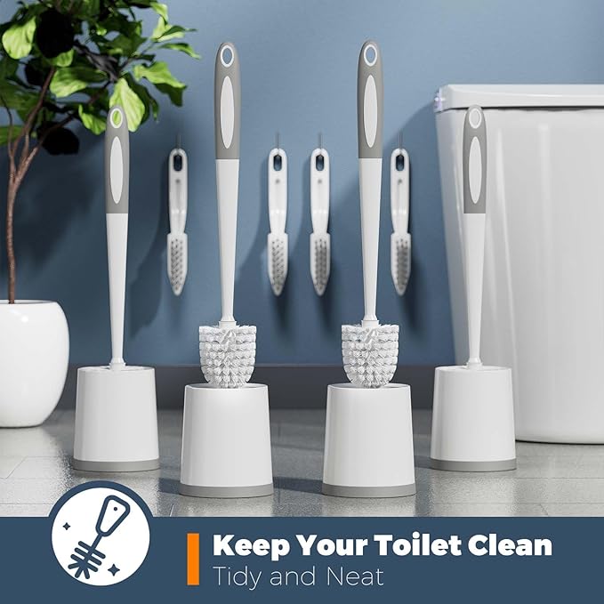 Holaloha Toilet Brush, 4 Pack Toilet Brush and Holder Set, Toilet Bowl Brush with 4 Grout Brush, Toilet Bowl Brush and Holder for Bathroom, (White)