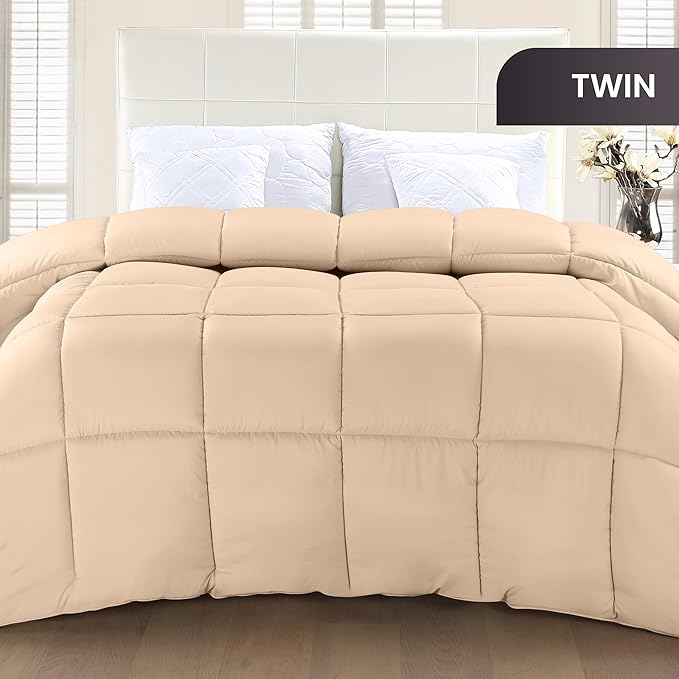 Utopia Bedding Comforter Duvet Insert, Quilted Comforter with Corner Tabs, Box Stitched Down Alternative Comforters Twin Size (Beige)