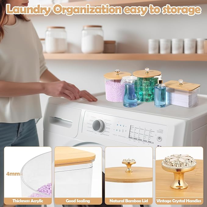 5 Pcs Laundry Container Organizing with Laundry Powder Container and Dryer Sheet Holder Acrylic Laundry Soap Dispenser Bottle with Funnel, Measuring Cup Laundry Pod Holder for Beads,Soap,Scent Booster
