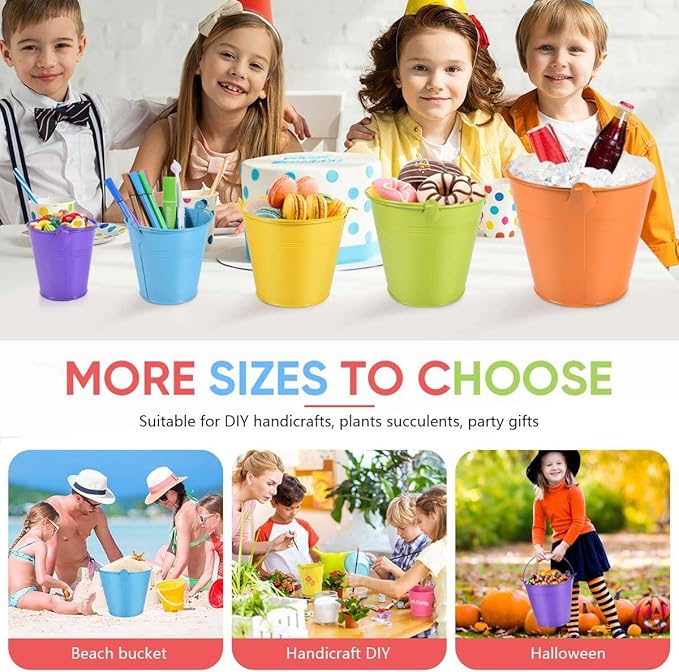 OBTANIM 7 Pack Colorful Metal Buckets with Handle Galvanized Ice Pails for Plants, Succulents, Party Favors Organizing, Rustic Home Decor or Classrooms Pencil Storage (6 x 4.4 inch)
