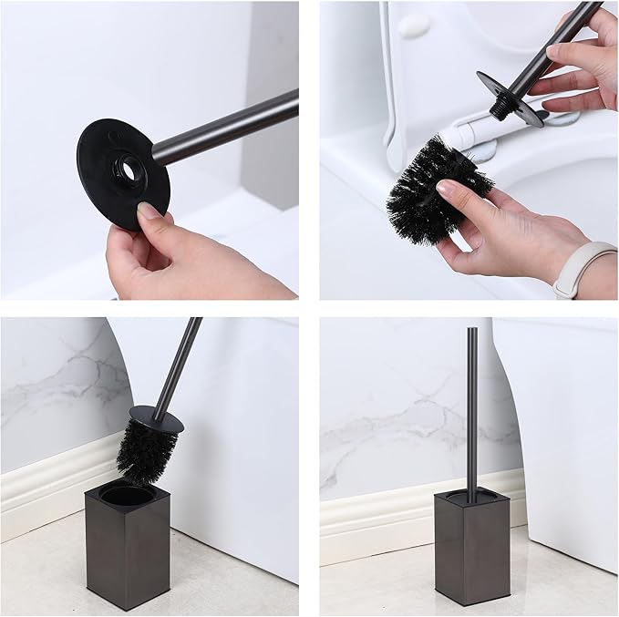 LSWYYP Toilet Brush and Holder, Stainless Steel Square Toilet Bowl Brush Freestanding with Lid,Toilet Cleaner Brush Set for Bathroom Storage,Black