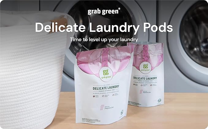 Grab Green Delicate Laundry Detergent Pods, 24 Count, Fragrance Free, Plant and Mineral Based, Superior Cleaning Power, Stain Remover, Brightens Clothes