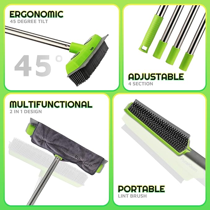 PuraKleen Carpet Rake for Pet Hair Removal with 61" Long Handle, 2 Microfiber Clothes, Squeegee & Pet Silicone Brush,4 in 1 Green Multi-Surface Hair Remover for Rugs,Carpets,Floors, Tiles, Couches
