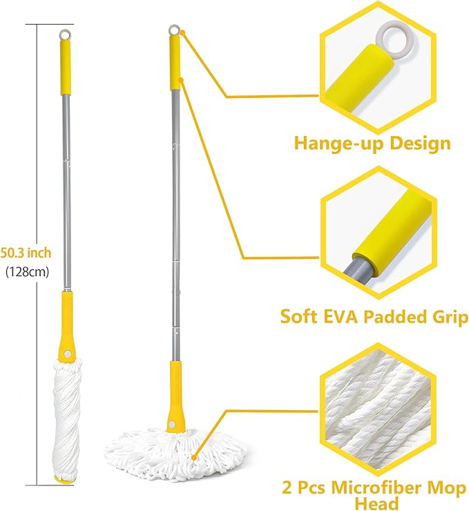 Self-Wringing Mop - Heavy-Duty Wet Mop for Floors | Upgraded 57.5-Inch Long Handle | Ideal for Hardwood, Tile, and Marble Floors