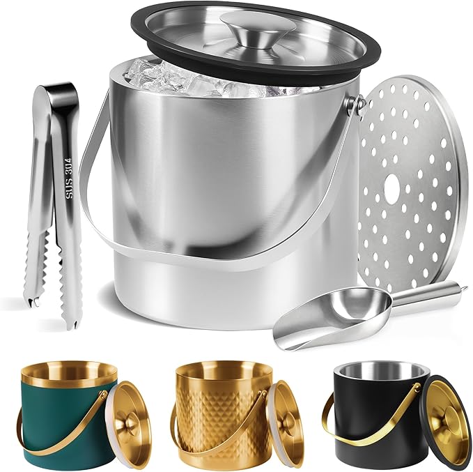 Ice Bucket, Ice Bucket with Silicone Sealing Ring Double-Wall Vacuum Insulation Champagne Buckets with Filter Layer Ice Tongs Ice Scoop (Silver, 3 L)