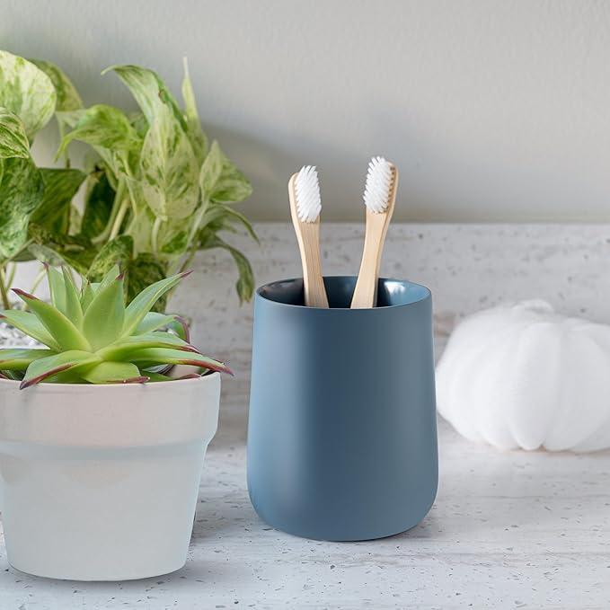 Yew Design Matte Blue Toothbrush and Toothpaste Holder and Cup for Bathroom Vanity and Countertop, Round Organizer for Electric Toothbrushes, Floss, Razors, Cotton, and Mouthwash