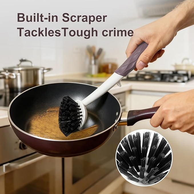 DMBMHMBDF Dish Brush, 2 Pack with Comfortable Handle, with Built-in Scraper, Scrub Brush with Stiff Bristles for Cleaning Dishes, Sink, Pots (Brown)