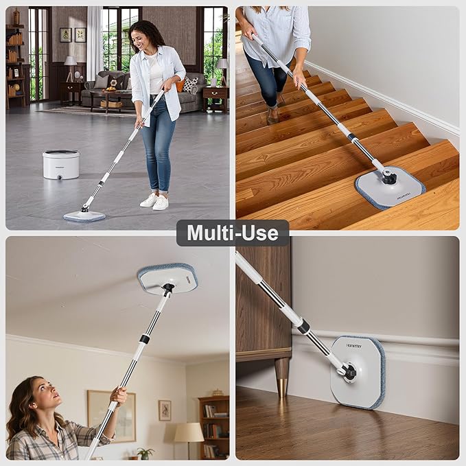 HoMettler Mop and Bucket Set, Spin Mop and Detachable Inner Mop Bucket with Separate Dirty/Clean Water System, Self-Wringing Square Mops for Floor/Wall Cleaning with 6 Microfiber Pads