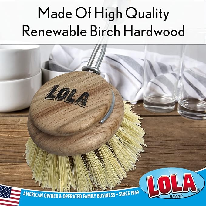 LOLA Replacement Heads for The Original Pot & Pan Brush, 3 Pack, Brass Wire & Tampico Bristles, Birch Hardwood, Heavy Duty Cleaning
