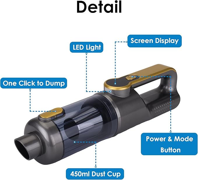 VIPDIGI Handheld Vacuum Cordless, Car Vacuum Portable Cordless 6000mAh Dust Busters Rechargeable Brushless Motor 18000Pa Strong Suction, Portable Vacuum for Car Home with 6 Accessories, Yellow
