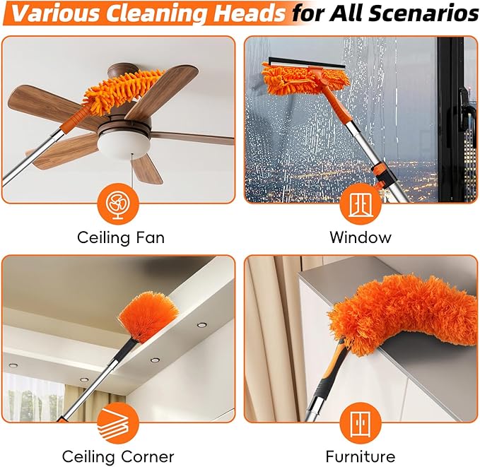 DALTACK 20 Foot High Dusters Kit for Cleaning with 3-12 Foot Heavy Duty Extension Pole, Extendable Reusable Cobweb, Feather, Ceiling Fan Cleaner Duster, Window Squeegee Kit