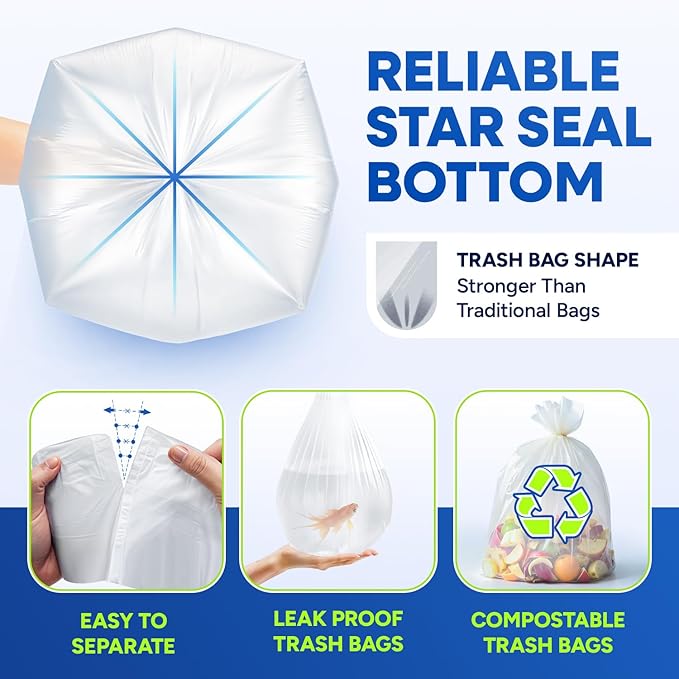 5-Gallon Compostable Trash Bags Biodegradable Trash Bags, 19.5" x 23" 0.7 Mil Can Liners 12 Rolls of 25/Roll, 300/Case