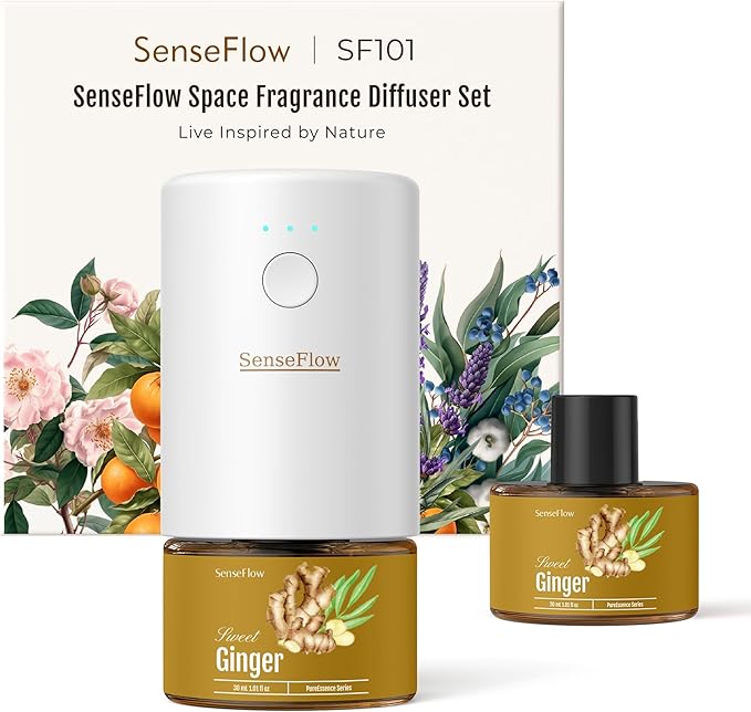 SF101 Waterless Ultrasonic Essential Oil Diffuser–100% Plant-Based,120-Day Natural Air Freshener & Aromatherapy Diffuser for Home,Hotel,Studio–Covers up to 100㎡-Ginger