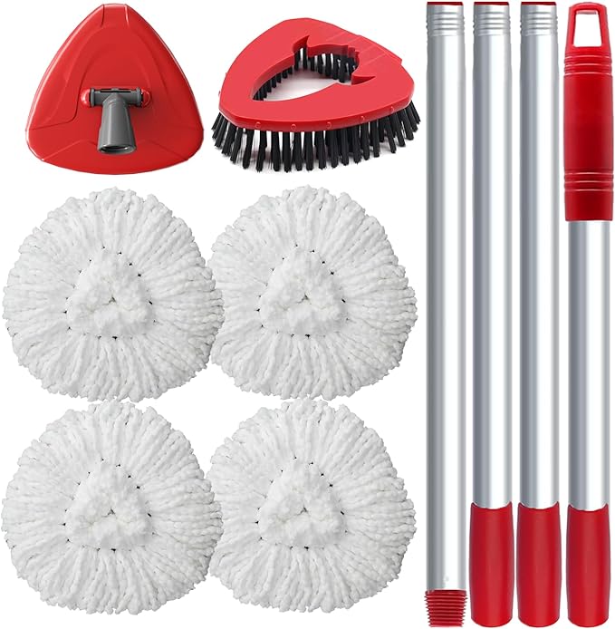 Spin Mop Head Replace Compatible with O Cedar EasyWring 1 Tank, Upgraded Scrub Brush and Base, 4 Microfiber Mop Replacement Head, 1 Handle, Easy to Install Attachments