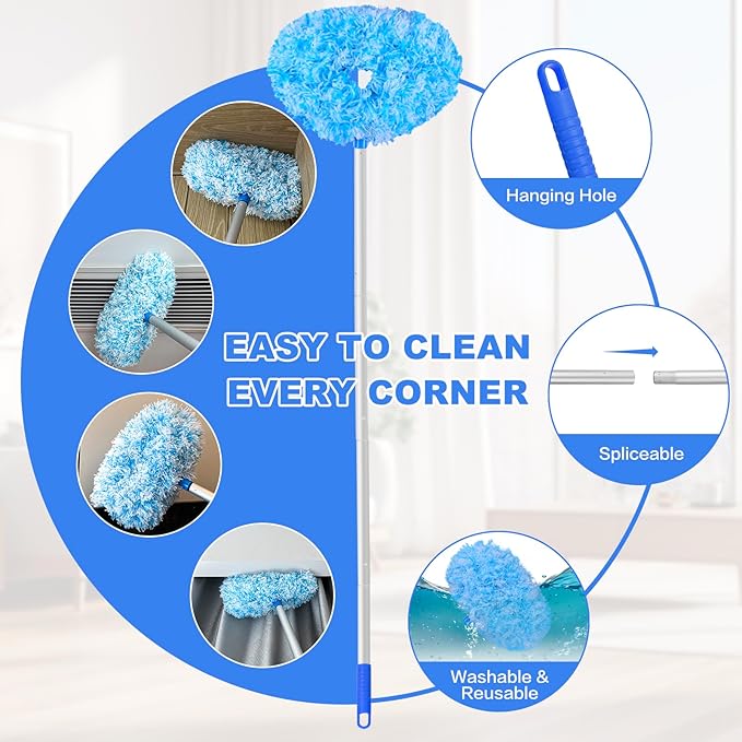 Heonay Ceiling Fan Cleaner Duster Reusable Microfiber Ceiling Fan Blade Cleaner Removable Duster with Extension Pole Adjusts 13 to 49.7 Inch for Cleaning Walls Furniture Door Window Top (Blue White)