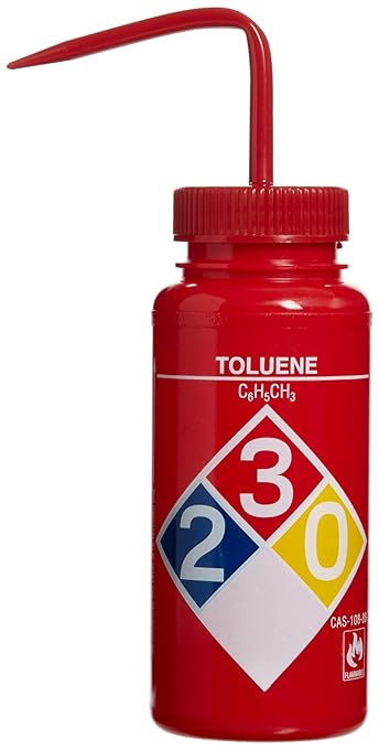 SP Bel-Art Safety-Labeled 4-Color Toluene Wide-Mouth Wash Bottles; 500ml (16oz), Polyethylene w/Red Polypropylene Cap (F11716-0016), Natural (Pack of 4)