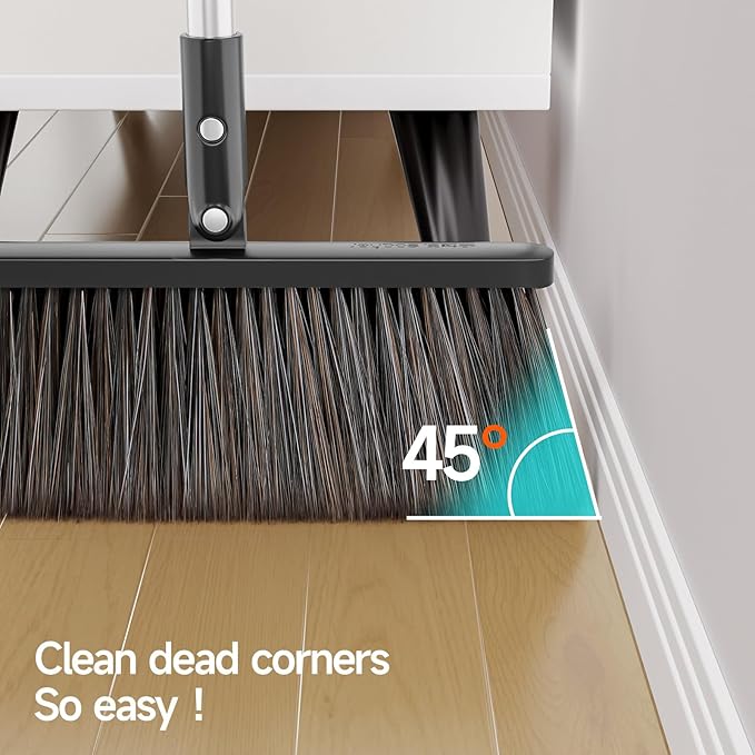 CTIME Broom and Dustpan Set, Extra Brush Head & 51.6" Adjustable Long Handle Standing Dustpan Set, with Dust Pan Teeth to Clean Pet Hair, Easy Sweeping Suitable for Home Kitchen Office Lobby